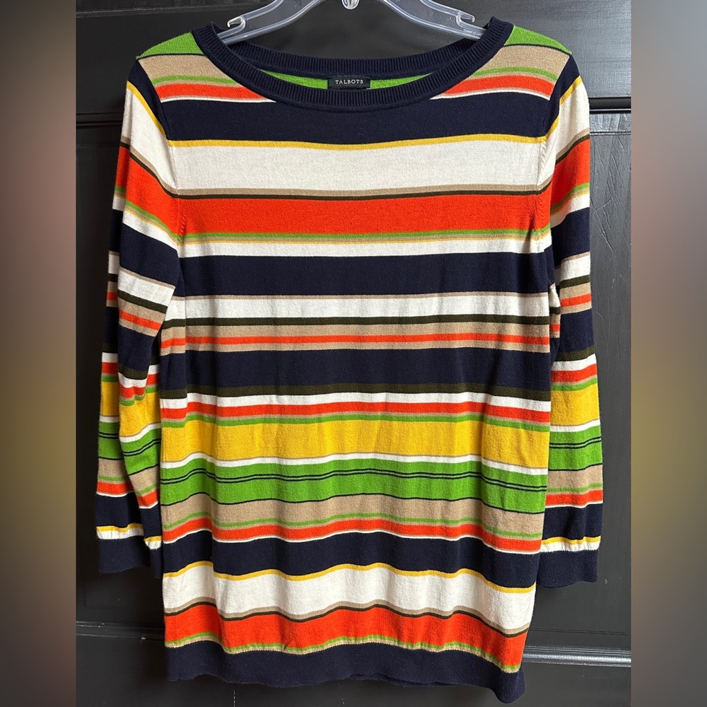Talbots Lightweight Crewneck Sweater Multi Color Stripe 3/4 Sleeve Women’s Sz L